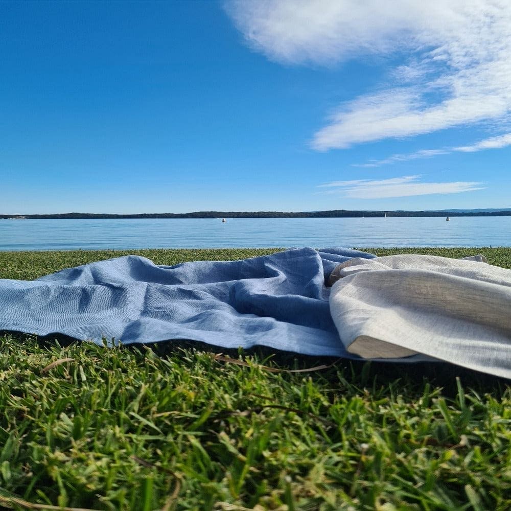 Blue Linen Baby Swaddle Blanket 110cm x 110cm with fully sewn hem French flax linen by Marc Oliver Marc Oliver